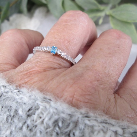Dainty AQUAMARINE 925 Sterling Silver Ring>March Birthstone, Minimalist, Promise - Picture 5 of 7